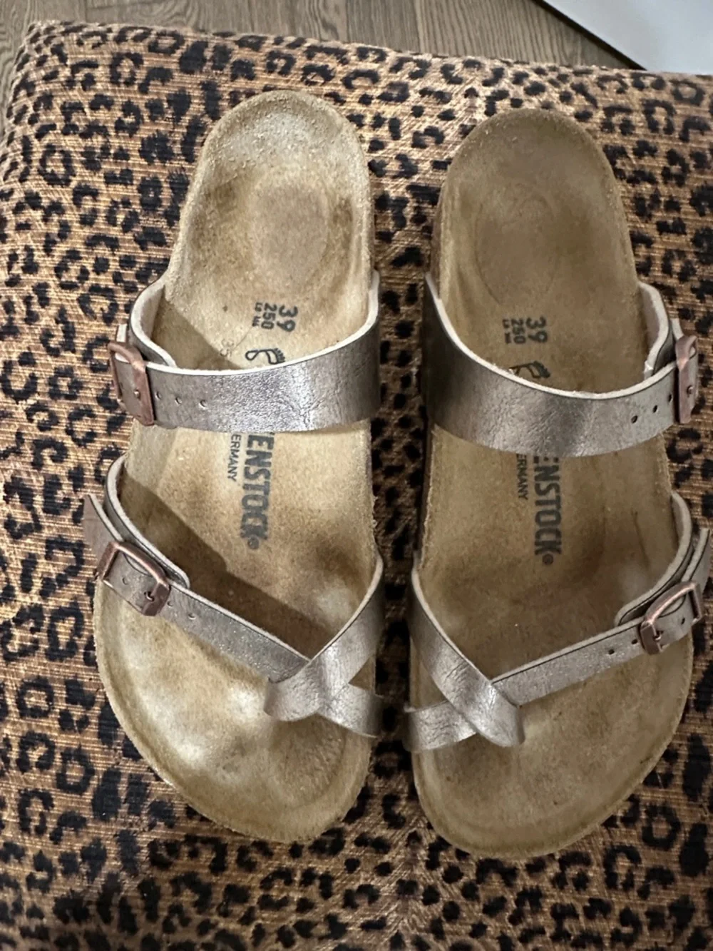 Birkenstock Women’s Metallic Rose Gold Two-Strap Sandals - Picture 1 of 3